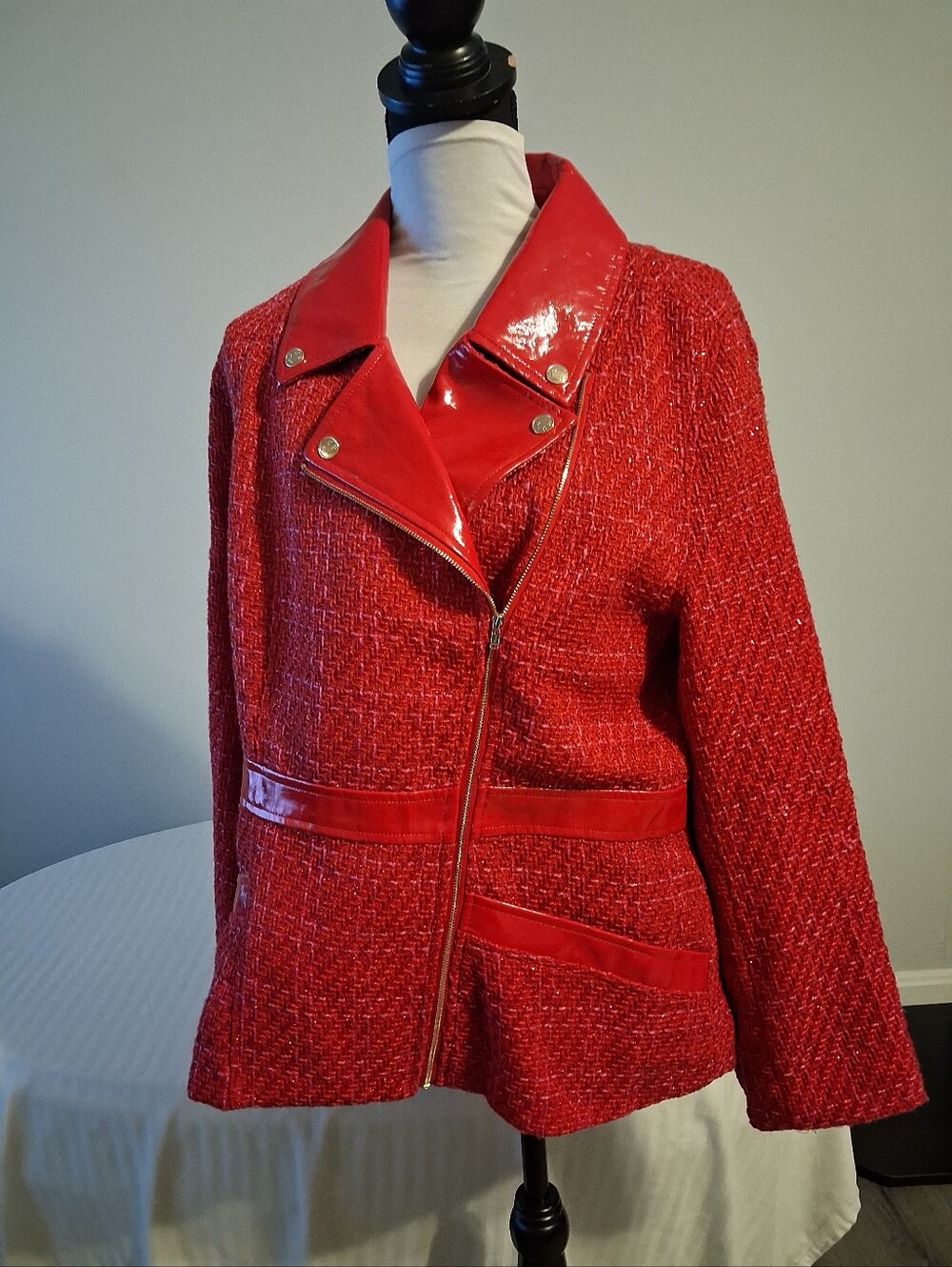C. Wonder Red Tweed Moto-Style Blazer with Patent Trim